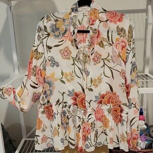 LOFT Multicolor Floral Blouse with Ruffle Hem